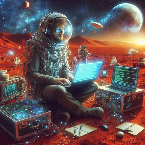 A software developer in 2070 coding on Mars