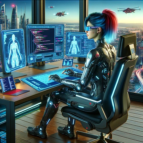 DALL·E 2024-04-19 11.56.30 - A futuristic female developer in the year 2070, sitting at her desk coding. She has blue and red hair styled edgily, smart glasses, and augmented real