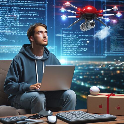 A software developer in 2070 with flying drones delivering code packages